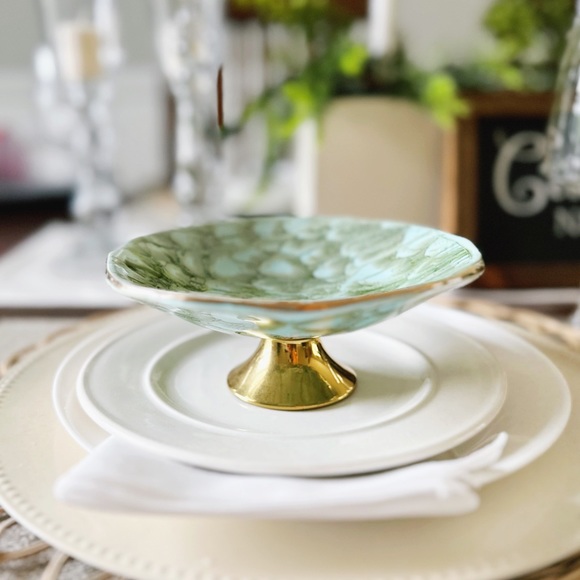 MCM Delft Hand painted brass pedestal bowl - Picture 2 of 8